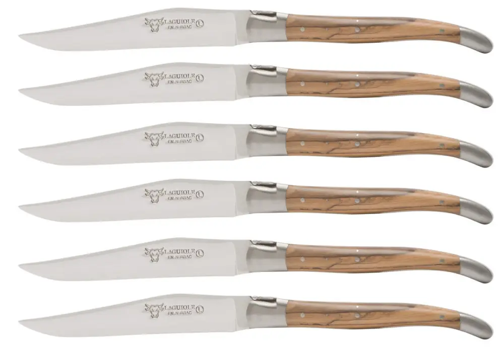 Koopje Laguiole en Aubrac Shepherd's Cross steakmes 11,5 cm olijfhout 6 stuks