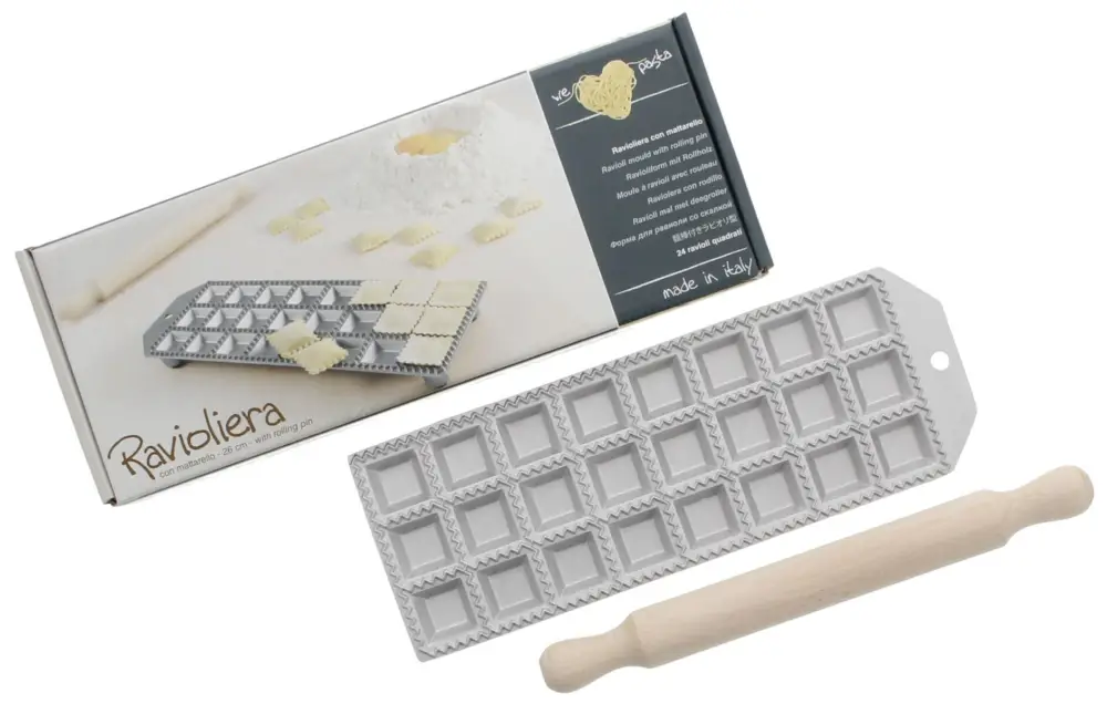 Oldenhof ravioliplaat 24 stuks vierkant 32mm x 32mm aluminium met deegroller in geschenkverpakking Actieprijs