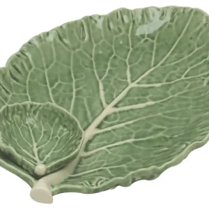 Speciale Aanbieding Bordallo koolblad bord met mini schaaltje 28 x 19 cm aardewerk groen