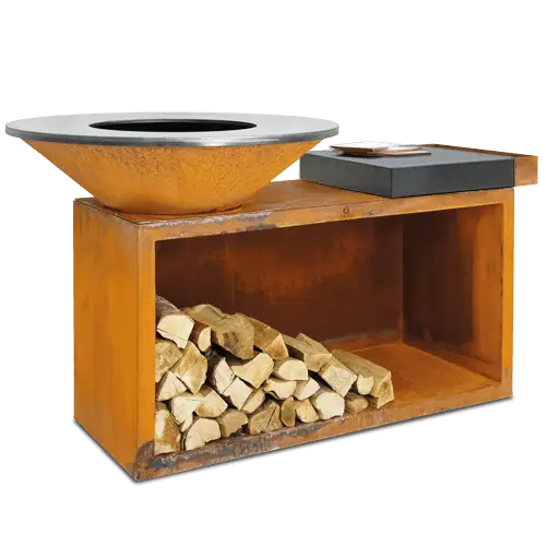 Laatste Versie OFYR Island 100-100 vuurkorf - barbecue met meubel en plank van donkergrijs keramiek
