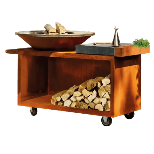 OFYR Island PRO 100-100 vuurkorf - barbecue met meubel en plank van donkergrijs keramiek Hoge Kwaliteit
