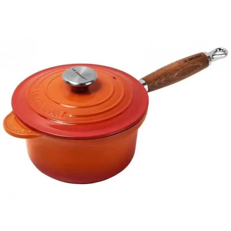 Uitverkoop Le Creuset sauspan met deksel en houten steel ø 18 cm gietijzer vulcanique