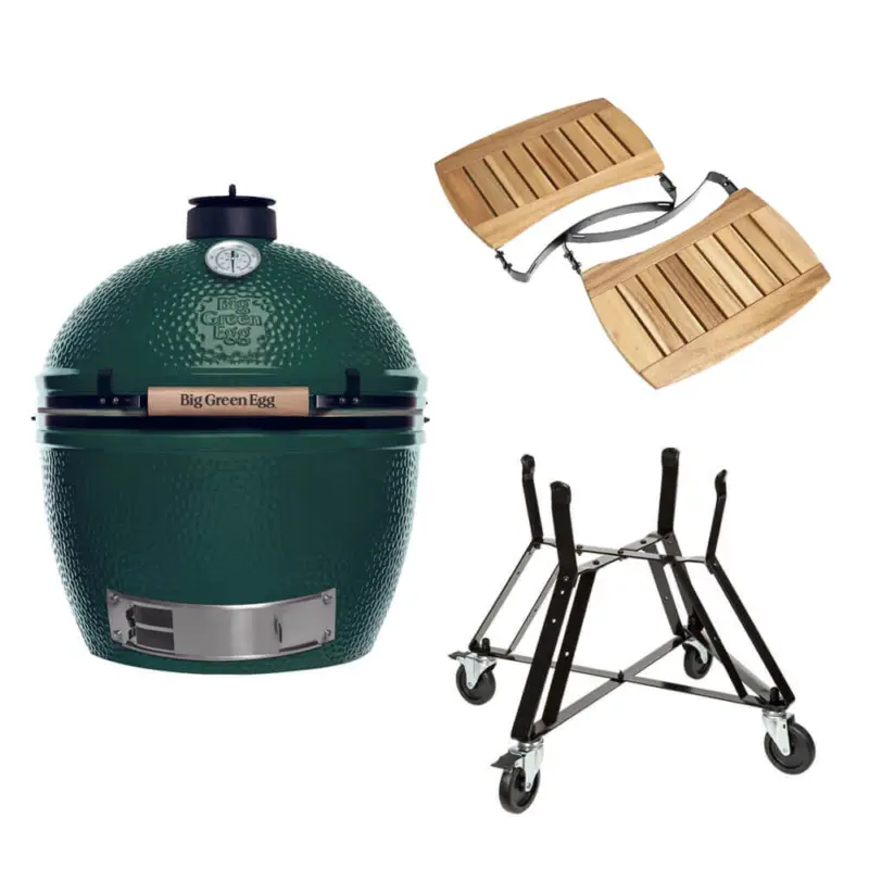 Actieprijs Big Green Egg Extra Large barbecue ø 67,5 cm keramiek groen met onderstel en Acaciahouten zijtafels