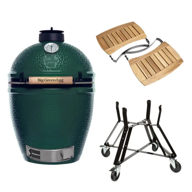 Seizoensaanbieding Big Green Egg Large barbecue ø 47 cm keramiek groen met onderstel en Acaciahouten zijtafels