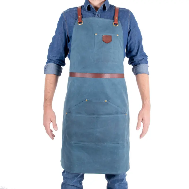 Alaskan Maker N°281 schort 85 x 68,5 cm katoen leer Peacock Blue Dagaanbieding