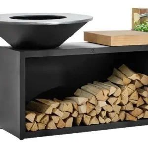 Superprijs OFYR Island Black 100-100 vuurkorf - barbecue met meubel en plank van teakhout