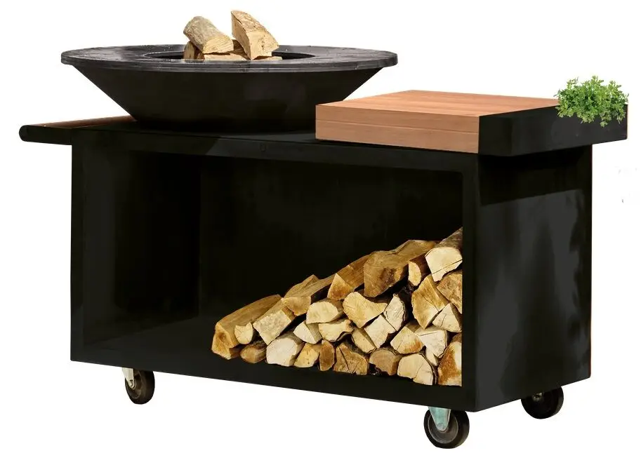 Goedkoop OFYR Island Black PRO 100-100 vuurkorf - barbecue met meubel en plank van donkergrijs keramiek