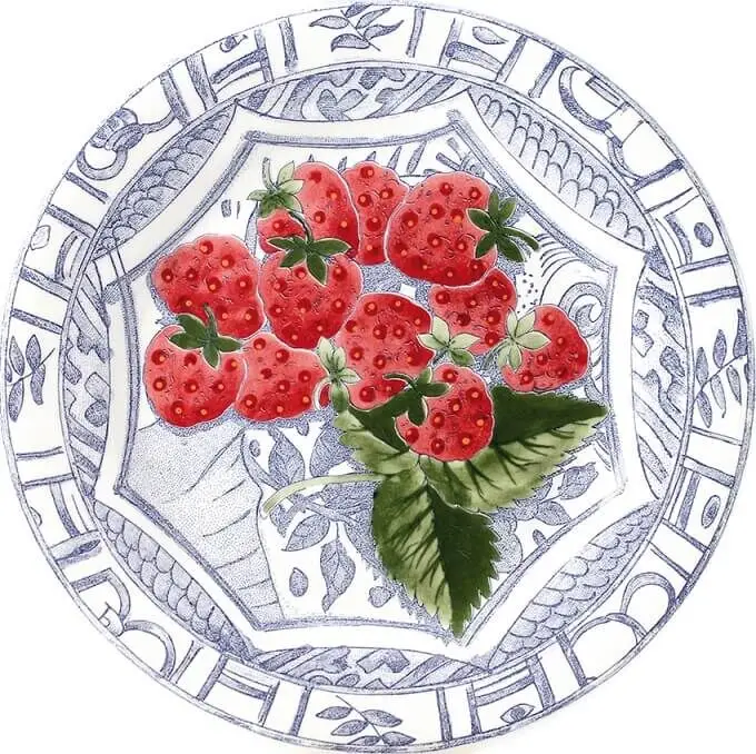 Gien Oiseau Bleu Fruits Fraises dessertbord ø 22 cm keramiek crème-blauw Gratis Retour
