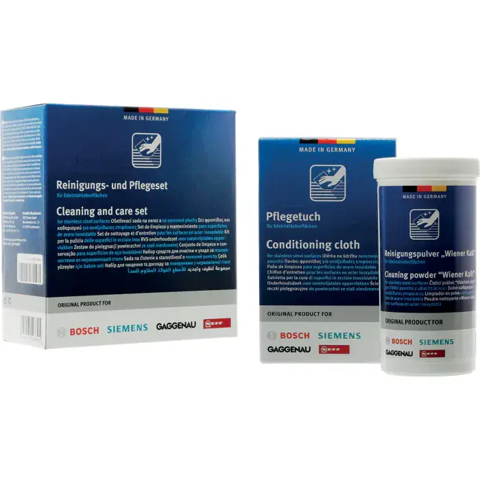 Onderhoudsset voor RVS oppervlakken - 100 gram reinigingspoeder, 5x reinigingsdoek 00311964 Laatste Kans