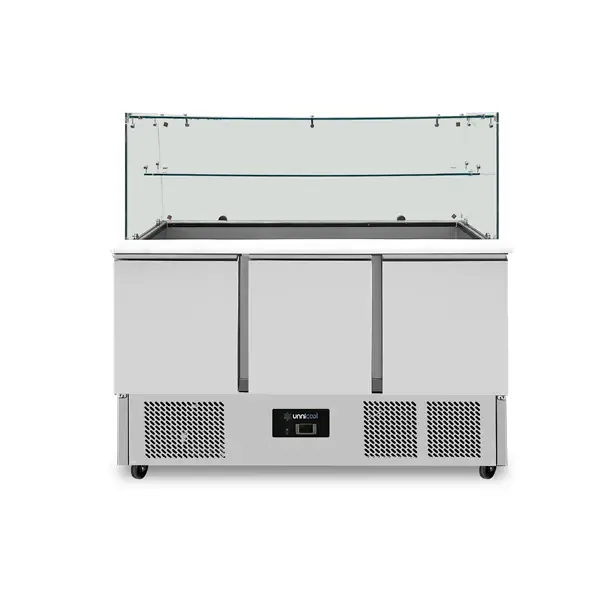 Veilige Betaling Unnicool Saladette | 368L | 3 Deuren | Boven 4x 1/1 GN | +2°C/+8°C | Statisch | Glasopzet + Snijblad | 1370x700x850/1310mm
