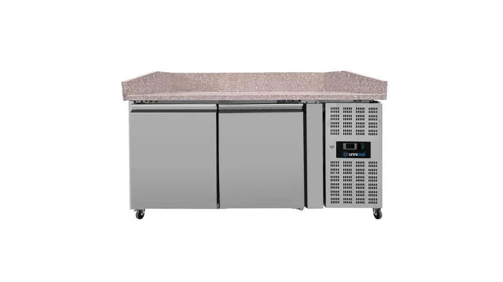 Tijdelijk Beschikbaar Unnicool Pizzawerkbank | 390L | 2 Deuren | +2°c/+8°c | Geforceerd | Wielen | 1510x800x850/990mm