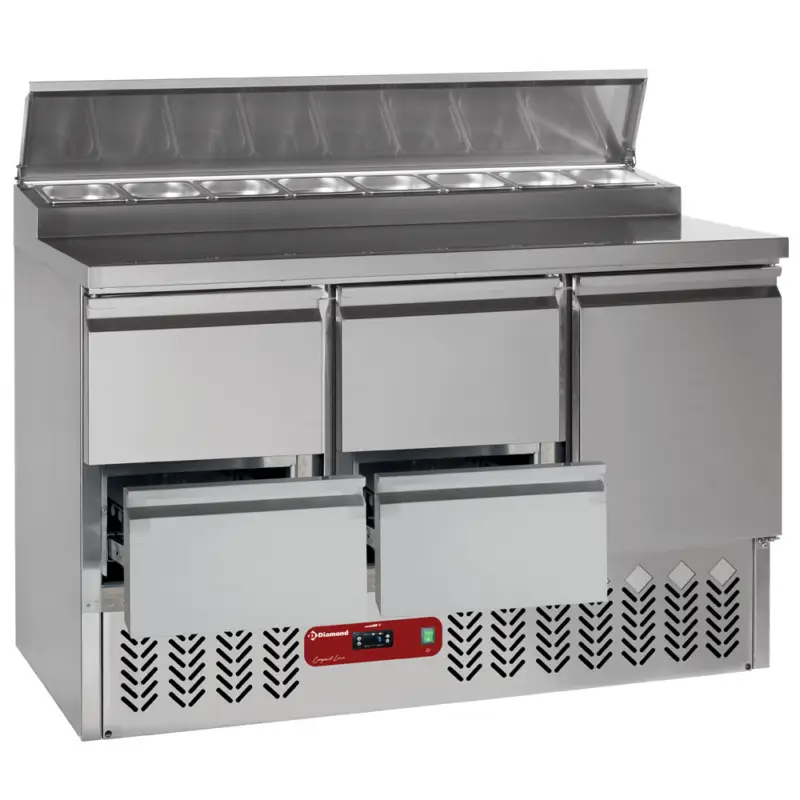 Gratis Retour Saladette Koelwerkbank | 340L | 8x GN 1/6 150mm | 3 Deurs Of 1 Deur + 4 Laden | Geventileerd | 1365x700x870/1250mm