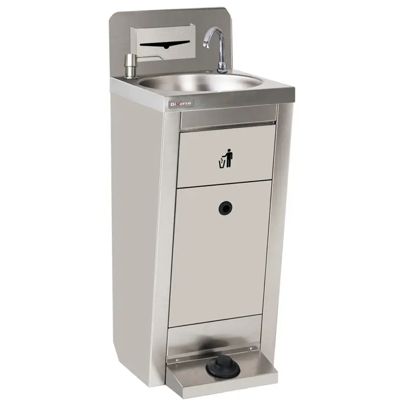 Op = Op Mobiele Handwastafel | RVS | Schoon Vuilwaterreservoirs | 2x 10L | Voetbediening | Met Afvalvak | Zeep-/papierdispensers | Wielen | 400x402x840/1112mm