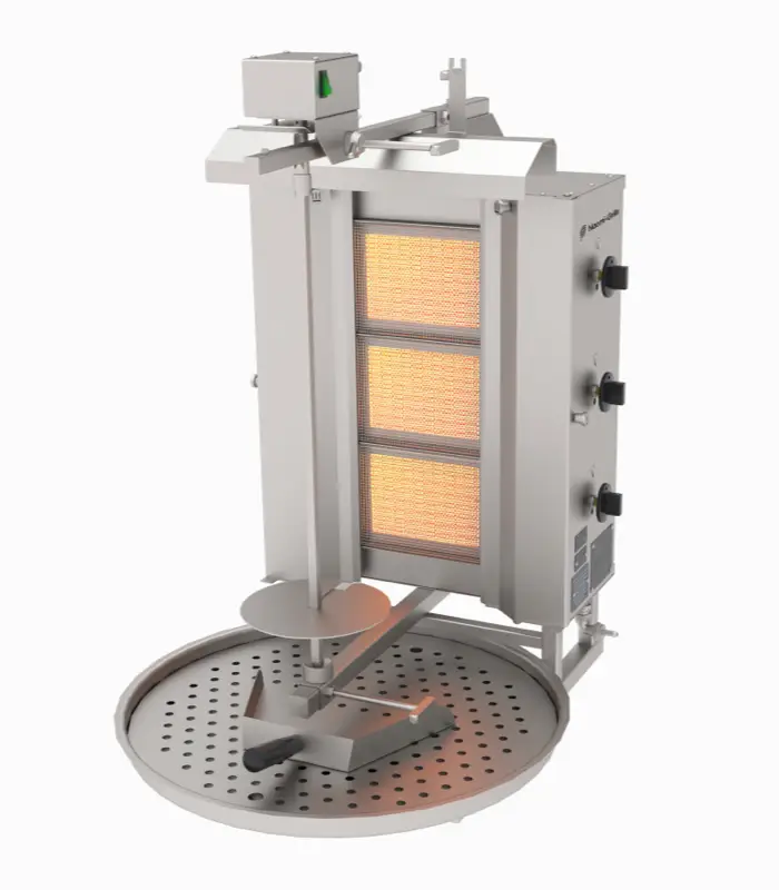 Koop Online Naomi Grills EC.O.3.G | Gas Döner Grill | 3 Branders | Boven motor | Max. 60 kg | 10–11 kW | 630x825x975mm