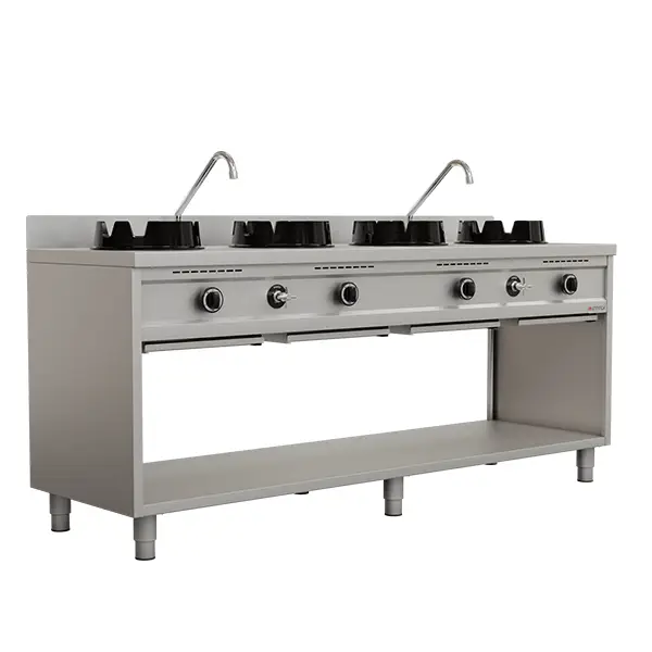 Unninox Wokfornuis | Gas | 4 Branders 4x 15kW | Waterkranen | Open Onderkast | 2000x600x850/1000mm Populair