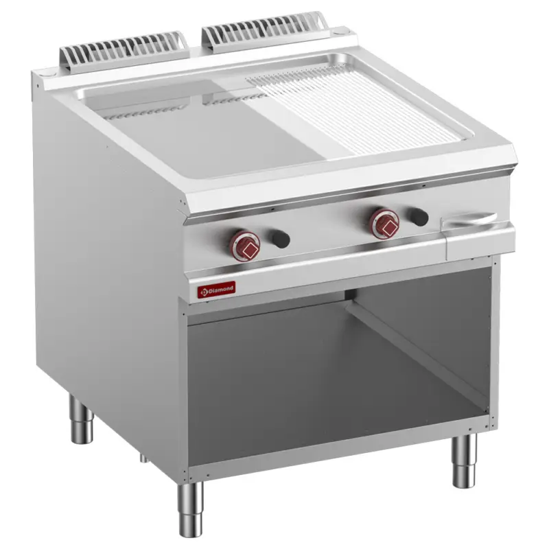 Korting Diamond Bakplaat | Gas | Verchroomd 2/3 Vlak & 1/3 Geribbeld | Op Open Kast | 18.4kW | 800x900x850/920mm