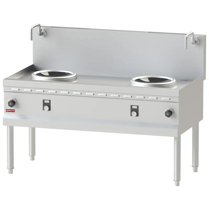 Finale Uitverkoop Diamond Inductiewokfornuis | WOK LINE | 2 Kookpunten 2x Ø300 | 10kW | 400V | Watergordijn | Open Onderstel | 1400x750x750/1050mm