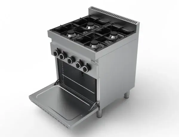 Seizoensaanbieding Unni-cooking | Gas Fornuis Met Elektrische Oven | 4 Branders | 26kw + 4kw (400v) | 700x700x850