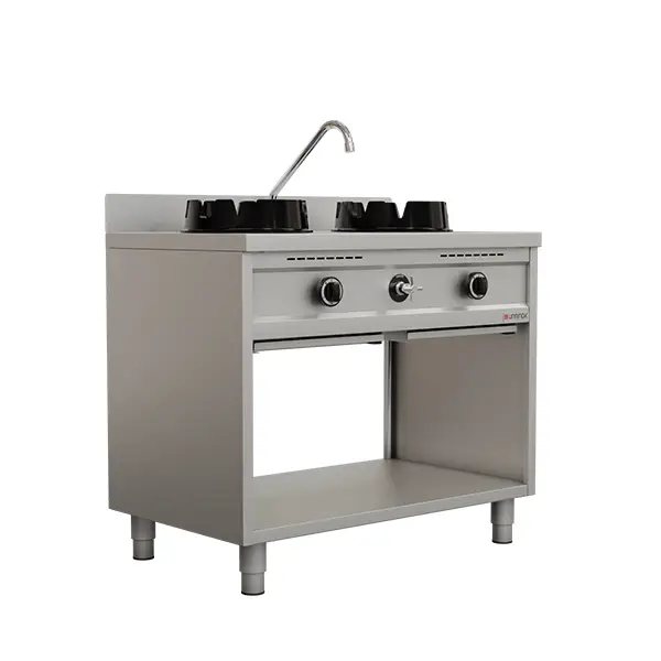 Snelle Levering Unninox Wokfornuis | Gas | 2 Branders 2x 15kW | Waterkraan | Open Onderkast | 1000x600x850/1000mm