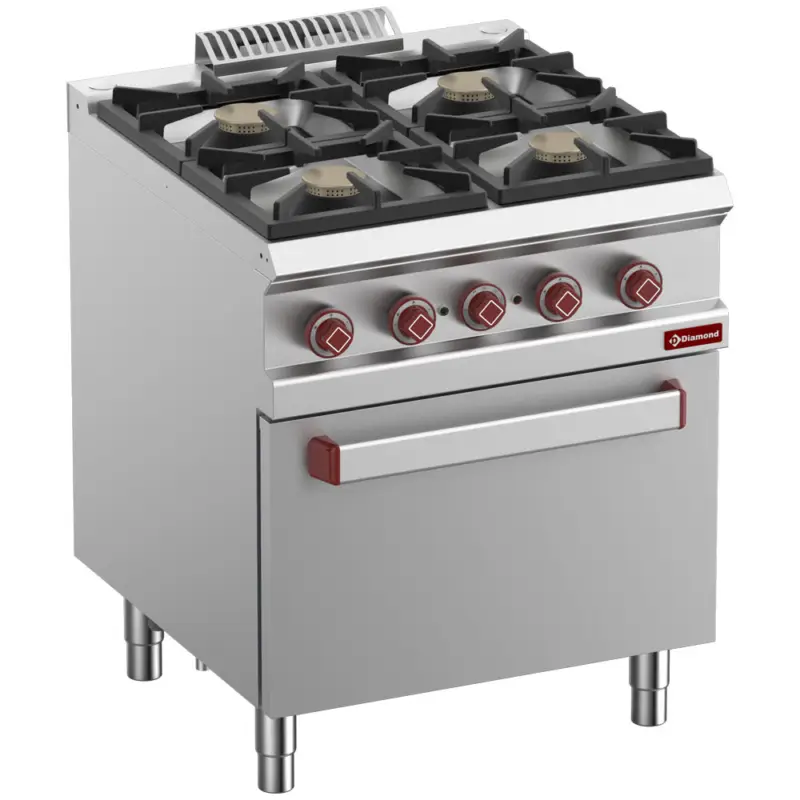 Diamond Fornuis + Oven | OPTIMA 700 | Gas/Elektrisch | 4 Branders 4x 7kW + 2/1 GN Oven/Grill | 5.3kW | 400V | Waakvlam | 700x700x850/920mm Hete Deal