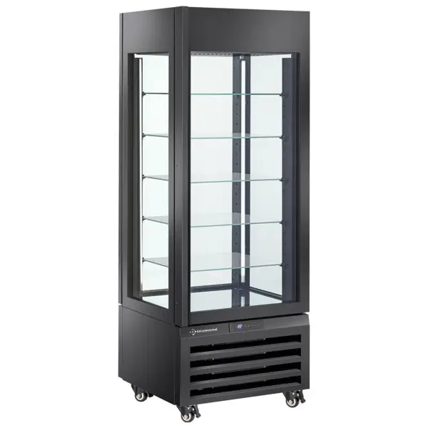 Diamond glazen vitrine DIMAX-507-BB-EXPO 440 liter 700x650x1900 mm geventileerd zwart voor ijs en patisserie Exclusieve Aanbieding