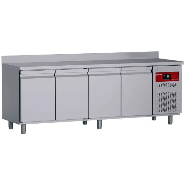 Seizoensaanbieding Diamond geventileerde koeltafel DT224/P9H-D 4 deuren GN 1/1 550L roestvrij staal achterwand