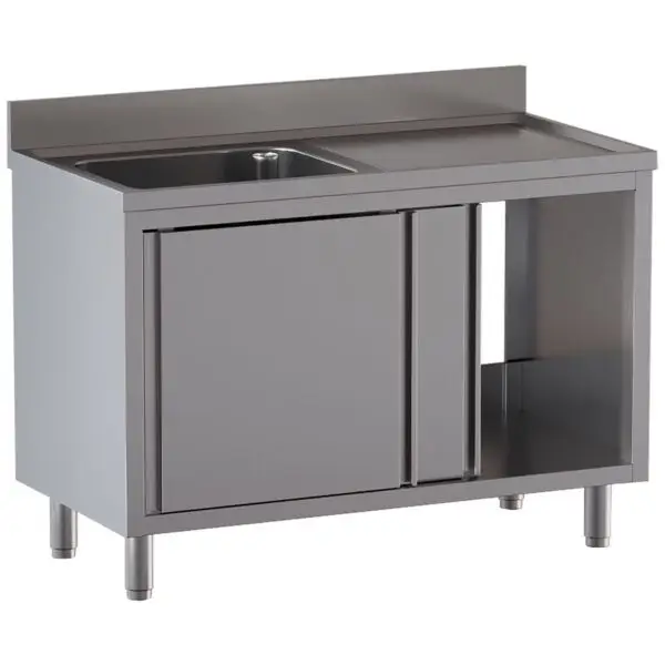 Diamond spoeltafel 1 kuip 600x500x300 mm met afdruipblad rechts en schuifdeuren RVS Rechtstreeks Van De Fabrikant