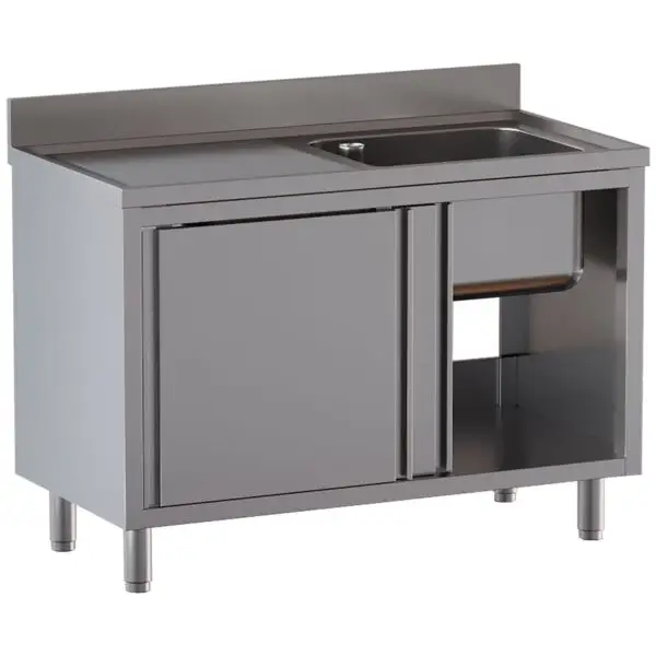 Superprijs Diamond spoeltafel 1 kuip 600x500x300 mm AISI 304 RVS met links afdruipblad en kast met 2 schuifdeuren AISI 430