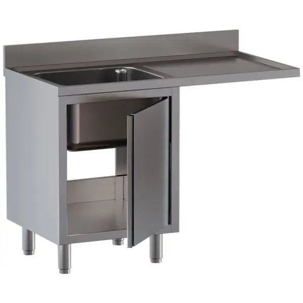 Lage Kosten Diamond spoeltafel op kast L1411/VAD-SD3 RVS AISI 304 spoelbak 600x500x300 mm met afdruipvlak rechts en draaideur kast