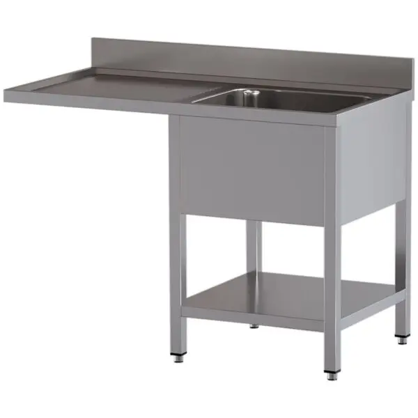 Diamond spoeltafel L1411/VD-SS1 met 1 kuip 600x500xh300 mm en links afdruipblad, RVS AISI 304 blad, AISI 430 onderstel met onderlegplank, geschikt voor horeca en vaatwasser Aanbieding
