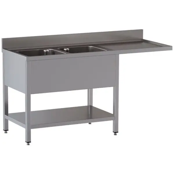 Merkproduct Diamond spoeltafel met 2 kuipen en afdruipblad rechts RVS AISI 304 1600x700x850/880 mm horeca