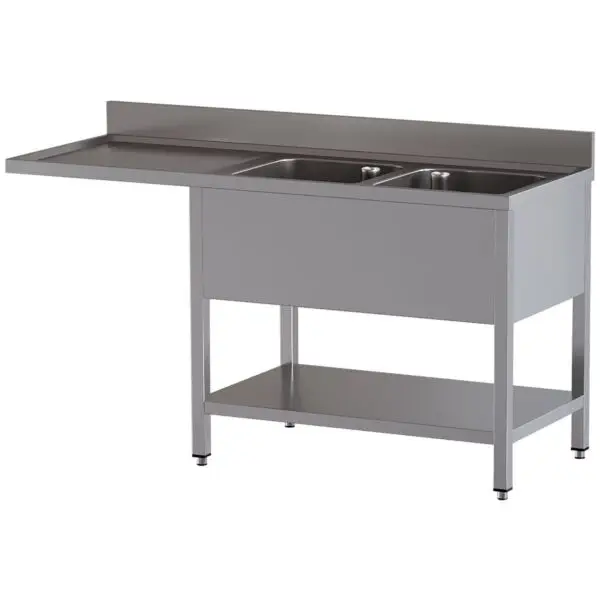 Korting Diamond spoeltafel met 2 kuipen en links afdruipblad, RVS AISI 304, 1600x700x850/880 mm, horeca spoelkeuken