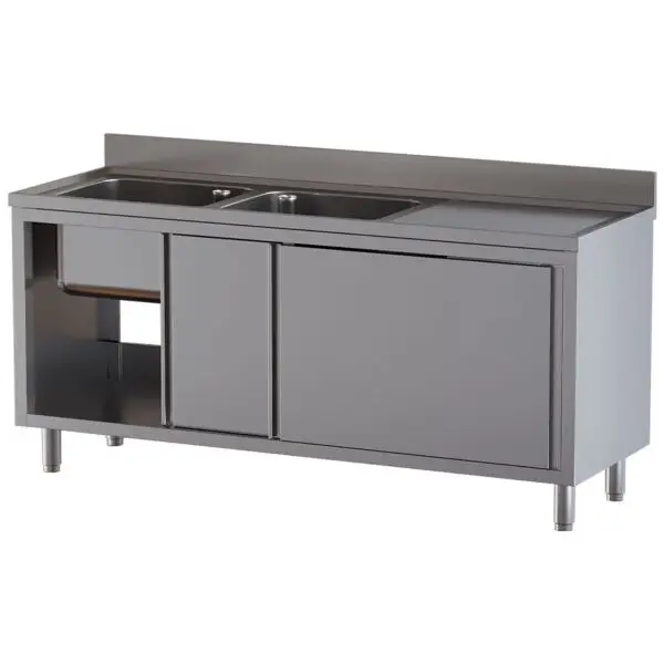 Finale Uitverkoop Diamond spoeltafel 2 kuipen 500x500x300 mm RVS AISI 304 met afdruipblad rechts en kast met schuifdeuren