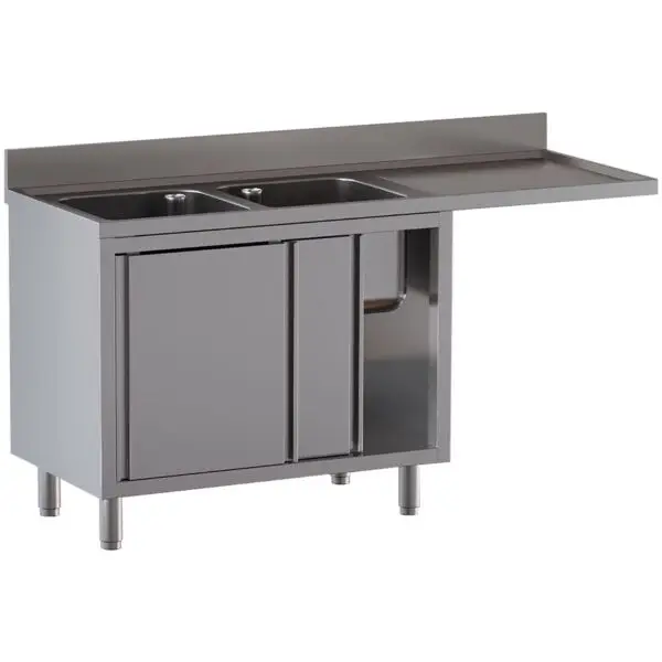 Diamond spoeltafel met 2 kuipen 500x500x300 mm en afdruipblad rechts op RVS afsluitbare kast met ruimte voor vaatwasser Premium