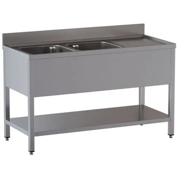 Hoge Kwaliteit Diamond spoeltafel met 2 kuipen en rechts afdruipblad, RVS AISI 304/430, 2000x700x850/880(+100) mm