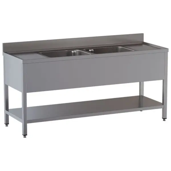 Diamond spoeltafel RVS 2400x700x850/880 mm met 2 spoelkuipen 500x500x300 mm en 2 afdruipbladen Koopje