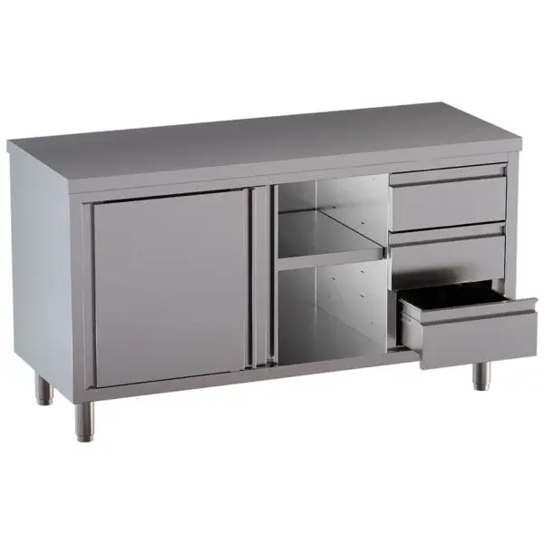 Koop Vandaag Diamond neutrale werktafelkast TA207CD-SA2 met 3 GN-lades, schuifdeuren en rvs poten 2000x700x850/880 mm
