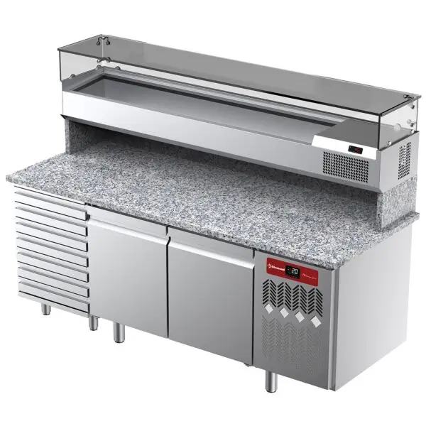 Diamond Geventileerde Koeltafel TPC-205/PL4 met 2 deuren, 7 lades, gekoelde vitrine en granieten werkblad 2050x800x1450 mm Betrouwbaar