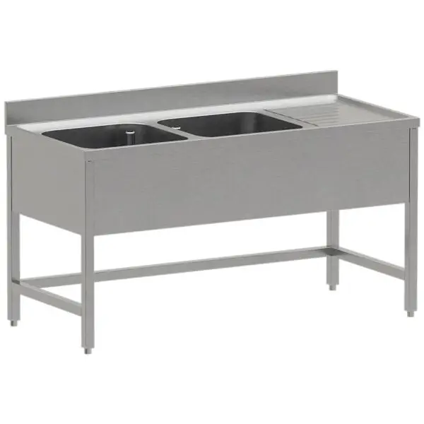 Diamond RVS spoeltafel ECO 1600x700x850 mm met 2 kuipen 600x500x300 mm en rechts druipvlak Betrouwbaar