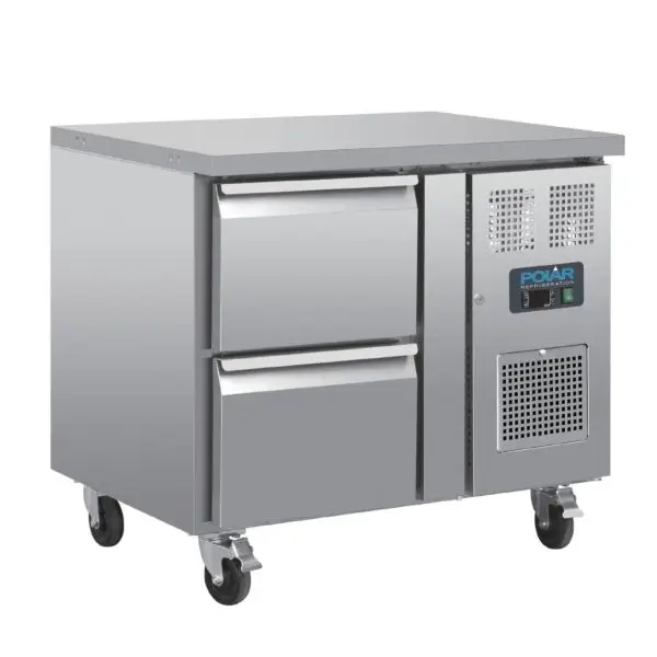 Laatste Versie Gastronoble gekoelde werkbank Polar U-Serie GN 1/1 met 2 laden RVS 124L 86x92,5x70cm