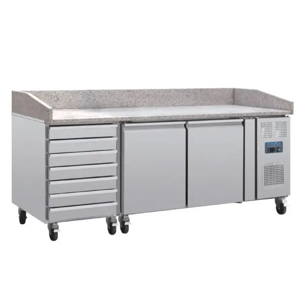 Gastronoble U-Serie Pizzacounter 290L 230V RVS granieten werkblad 202,5x80x100cm Laatste Versie