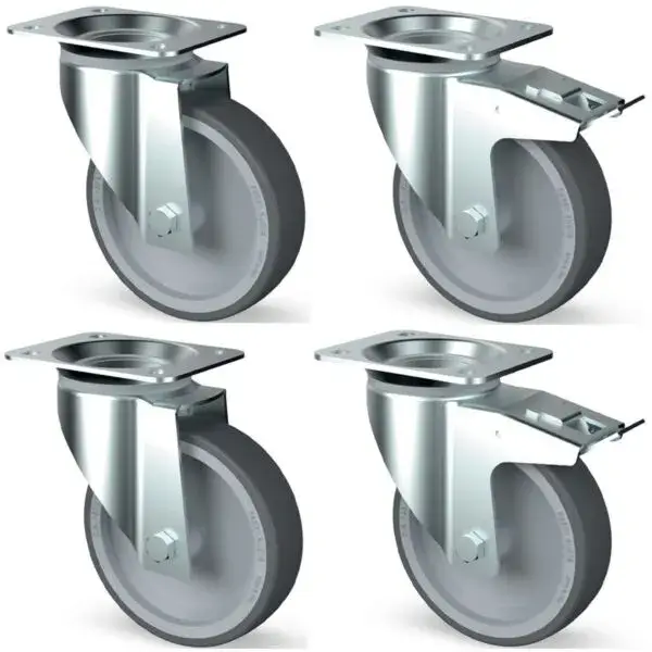 Set van 4 r.v.s.-wielen, zwenkend, 2 met rem Aanbieding