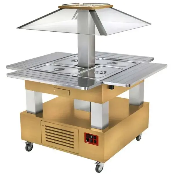 Eiland buffet - salad bar, gekoeld, gemotoriseerd koepel 4x gn 1/1-150 (licht eiken hout) Weekendaanbieding
