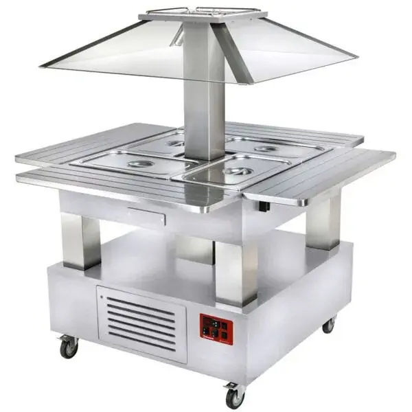 Eiland buffet - salad bar, gekoeld, gemotoriseerde koepel, 4x gn 1/1-150 (wit hout) Koop Vandaag
