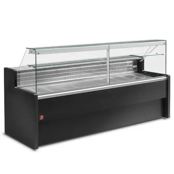 Beperkte Voorraad Gekoelde vitrinetoonbank met rechte ruit 90°, met reserve - zwart+kit schuivend plexiglas ro25/... samengesteld uit:
