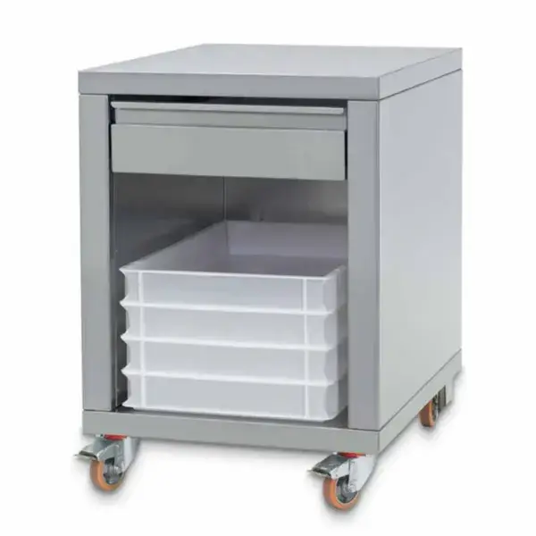 Seizoensaanbieding R.v.s. onderstel + lade, op wielen, voor pizzapletter