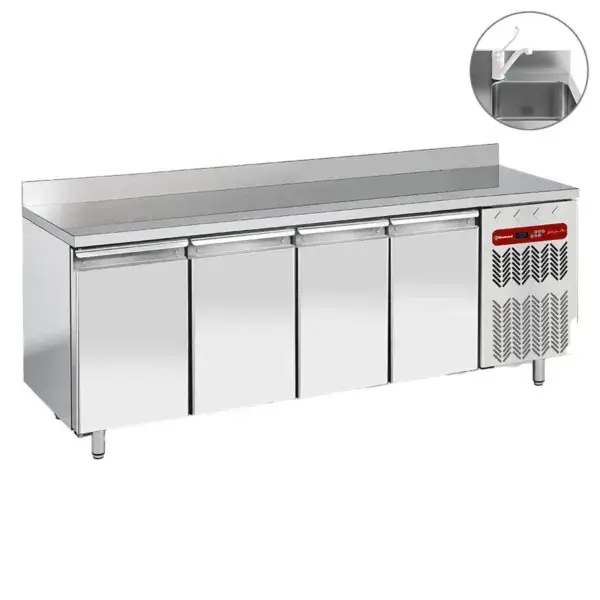 Geventileerde koeltafel "muraal", 4 deuren gn 1/1, met spoelbak Weekendaanbieding