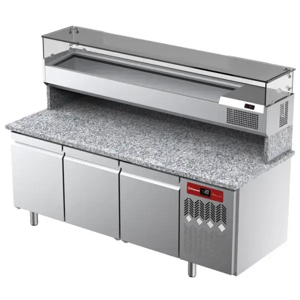 Finale Uitverkoop Geventileerde koeltafel voor pizza met 3 deuren en gekoelde vitrine 2000x380x410 en werkblad in graniet.