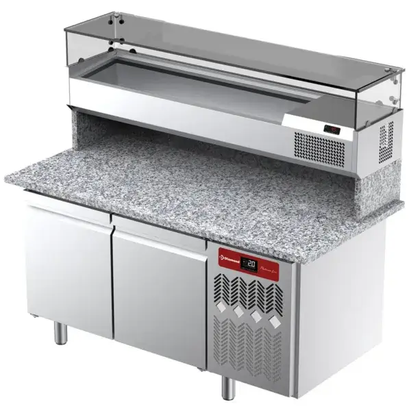 Gratis Retour Geventileerde koeltafel voor pizza met 2 deuren en gekoelde vitrine 1600x380x410 en werkblad in graniet.