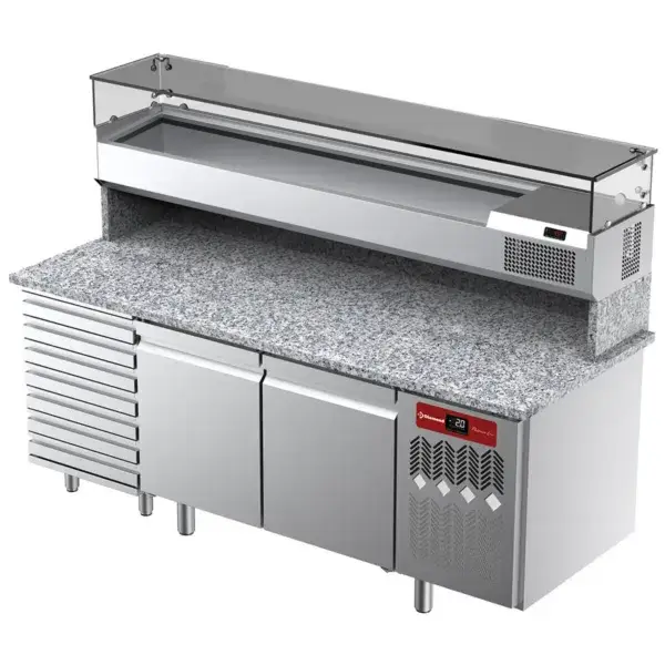 Op = Op Geventileerde koeltafel voor pizza met 2 deuren en 7 lades en gekoelde vitrine 2000x380x410 en werkblad in graniet.